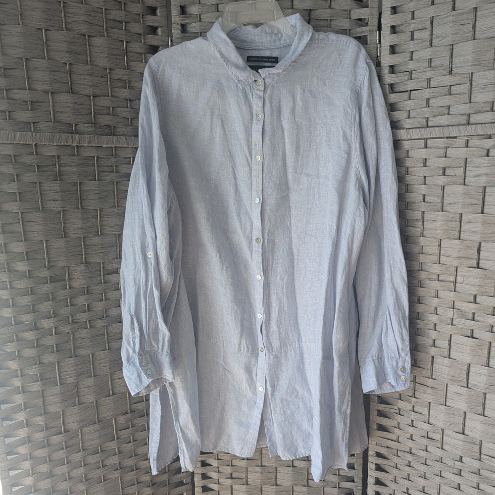 Tahari‎ Tunic Shirt Light Blue 100% Linen Roll-Tab Long Sleeve 2X Quiet Luxury